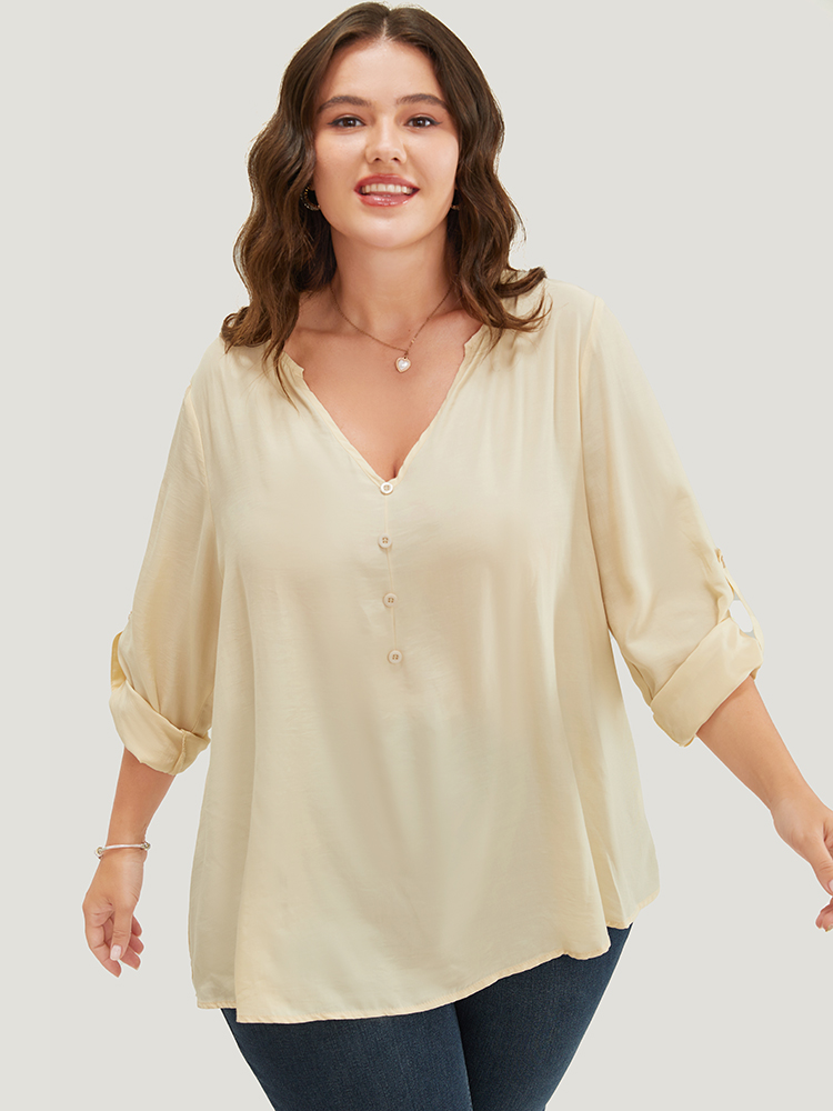 

Plus Size Beige Plain V Neck Button Detail Cuffed Sleeve Blouse Women Office Elbow-length sleeve V-neck Work Blouses BloomChic