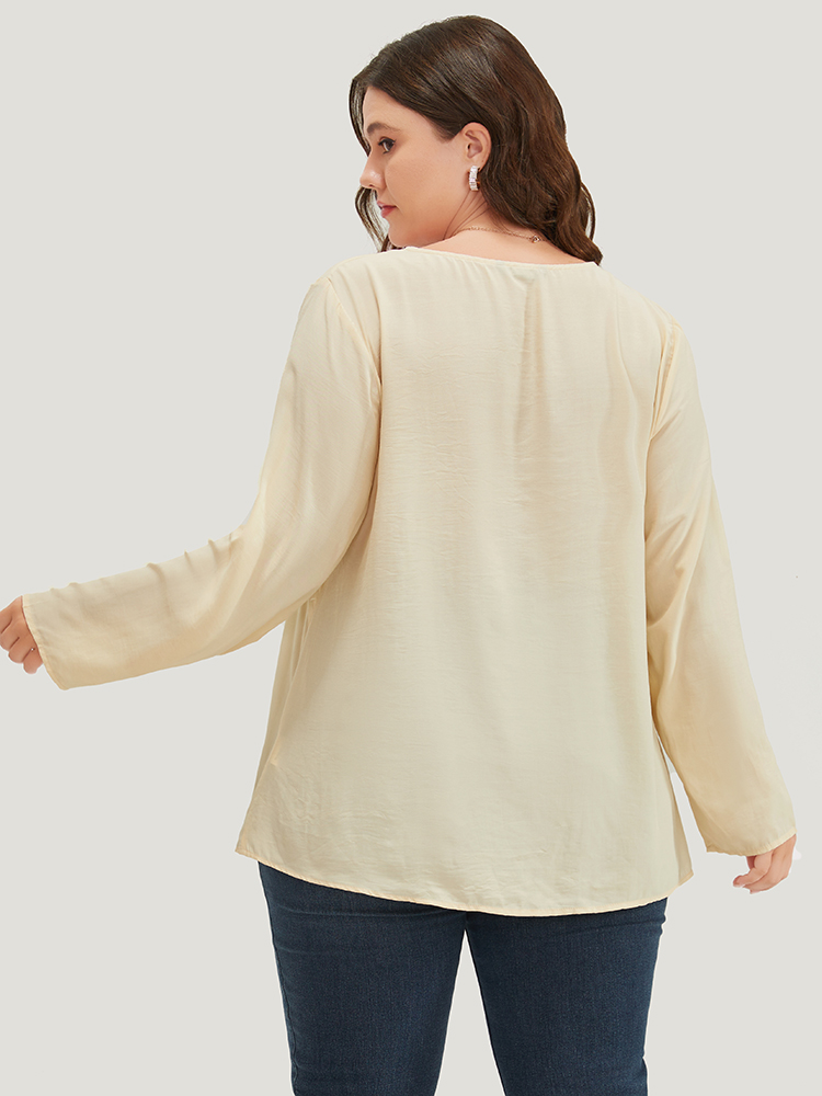 

Plus Size Beige Plain V Neck Button Detail Cuffed Sleeve Blouse Women Office Elbow-length sleeve V-neck Work Blouses BloomChic