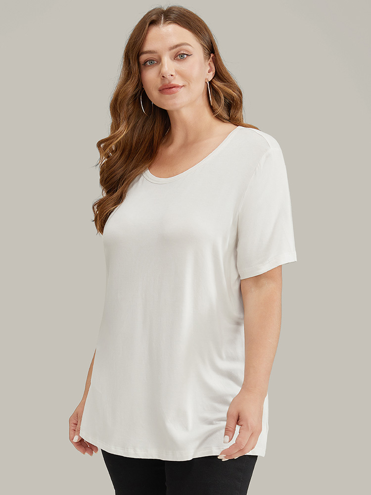 

Plus Size Supersoft Essentials Moderately Stretchy Solid Crew Neck T-shirt White Women Basics Plain Round Neck Dailywear T-shirts BloomChic