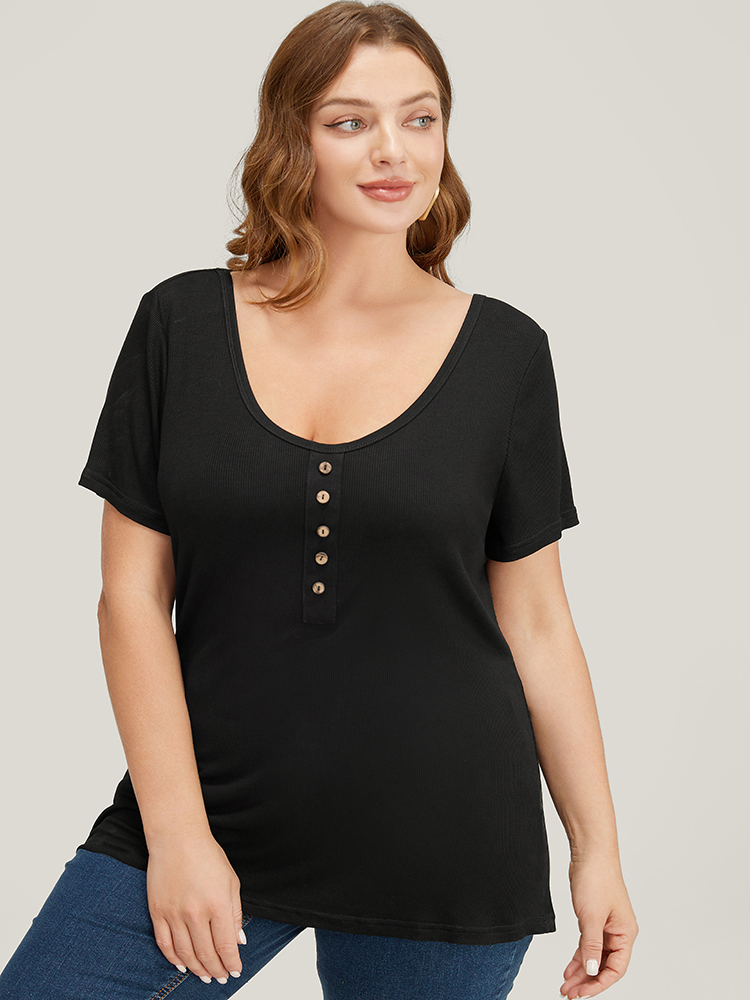 

Plus Size Supersoft Essentials Slightly Stretchy Rib Knit Button Detail T-shirt Black Women Basics Plain Round Neck Dailywear T-shirts BloomChic