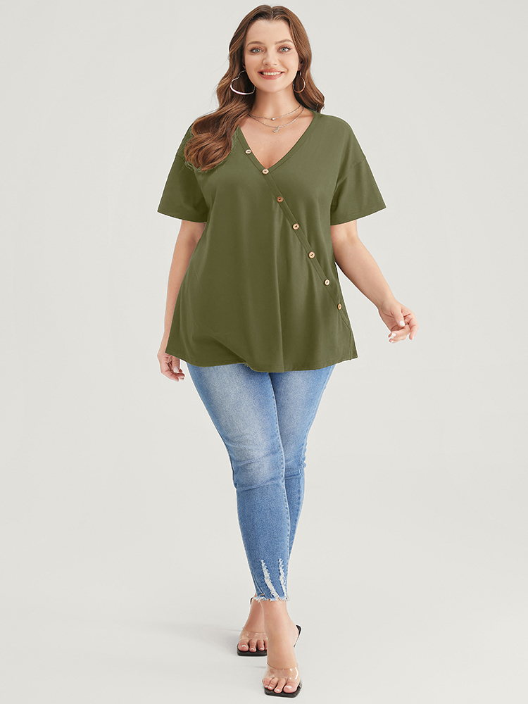 Plus Size Plain Surplice Neck Button Detail T-shirt ArmyGreen Women Elegant Plain V-neck Dailywear T-shirts BloomChic 10/M 