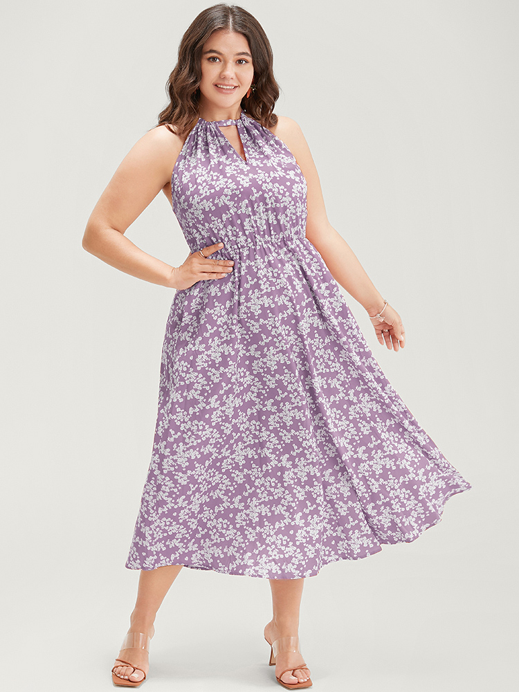 

Plus Size Ditsy Floral Ruffle Hem Pocket Keyhole Halter Dress Mauve Women Elegant Pocket Halter neck Sleeveless Curvy Midi Dress BloomChic