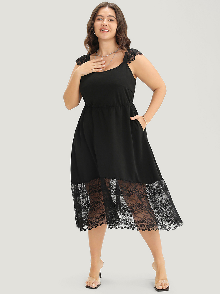 

Plus Size Solid Contrast Lace Pocket Ruffles Cap Sleeve Dress Black Women Elegant Lace Spaghetti Strap Cap Sleeve Curvy Midi Dress BloomChic