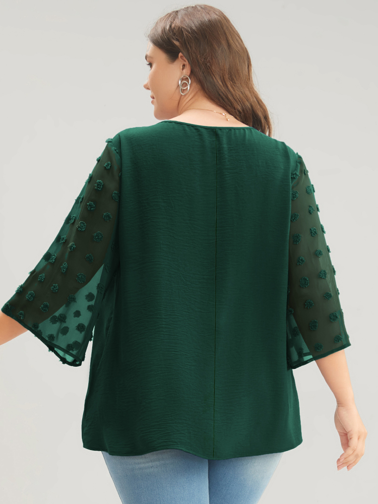 

Plus Size ArmyGreen Polka Dot Mesh Patchwork Flounce Sleeve Blouse Women Casual Elbow-length sleeve V-neck Dailywear Blouses BloomChic