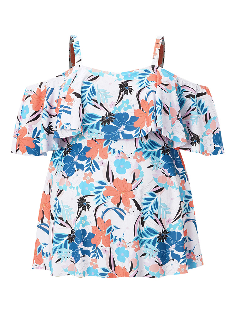 Plus Size Tropical Adjustable Straps Cold Shoulder Ruffles Trim Swim Dress Women`s Swimwear Multicolor Beach Bodycon High stretch Curve Swim Dresses BloomChic 26/4X 