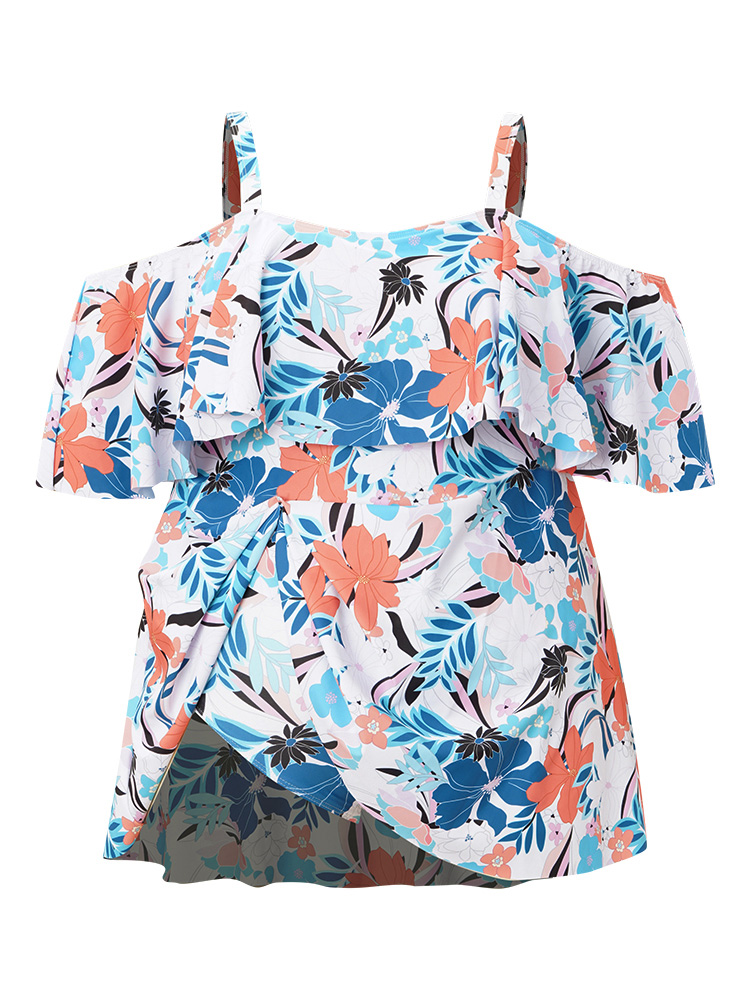 Plus Size Tropical Adjustable Straps Cold Shoulder Ruffles Trim Swim Dress Women`s Swimwear Multicolor Beach Bodycon High stretch Curve Swim Dresses BloomChic 26/4X 