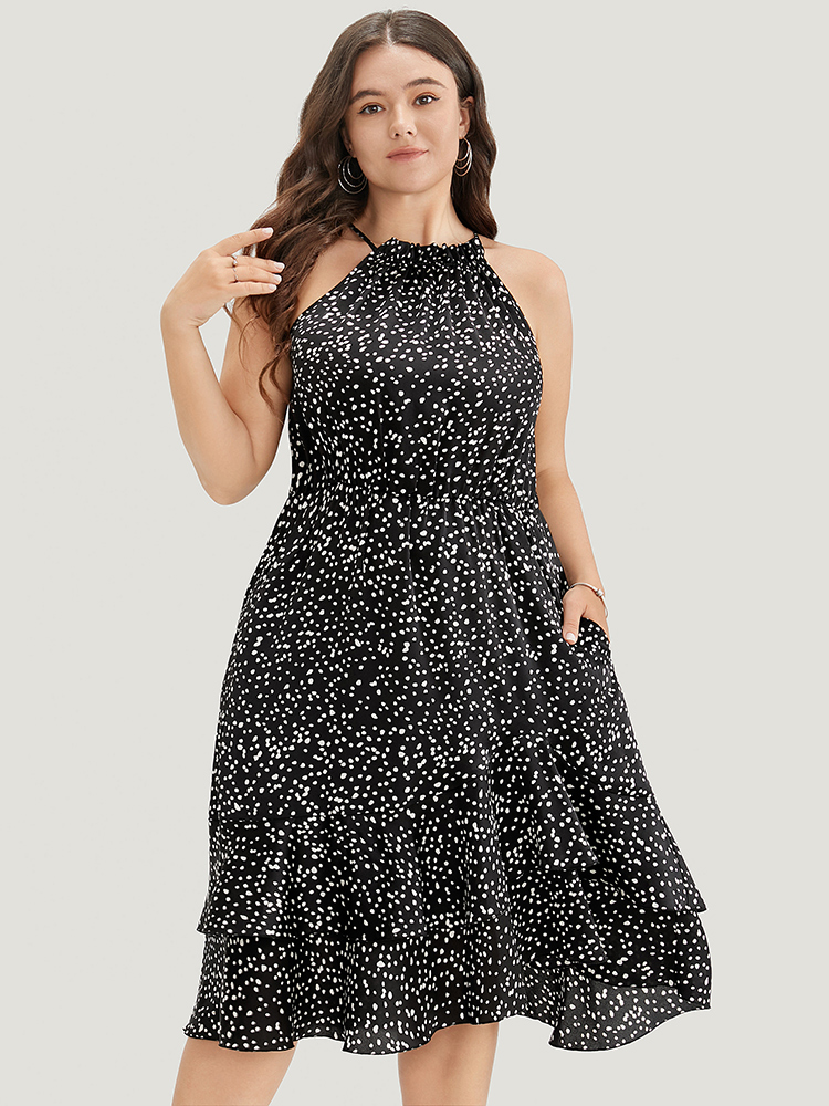 

Plus Size Polka Dot Halter Neck Pocket Ruffle Tiered Dress Black Women Elegant Elastic Waist Halter neck Sleeveless Curvy Midi Dress BloomChic