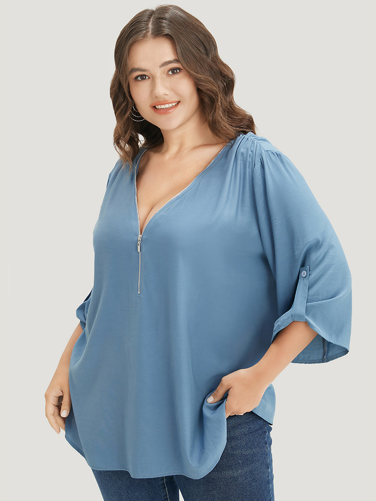 

Plus Size Stone Solid Zipper Half Gathered Cuffed Sleeve Blouse Women Office Elbow-length sleeve V-neck Work Blouses BloomChic