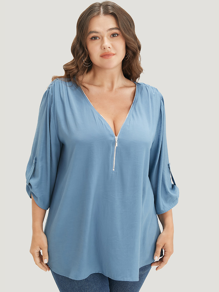 Plus Size Women Work Plain Regular Sleeve Elbow-length sleeve V-neck Office Blouses BloomChic 