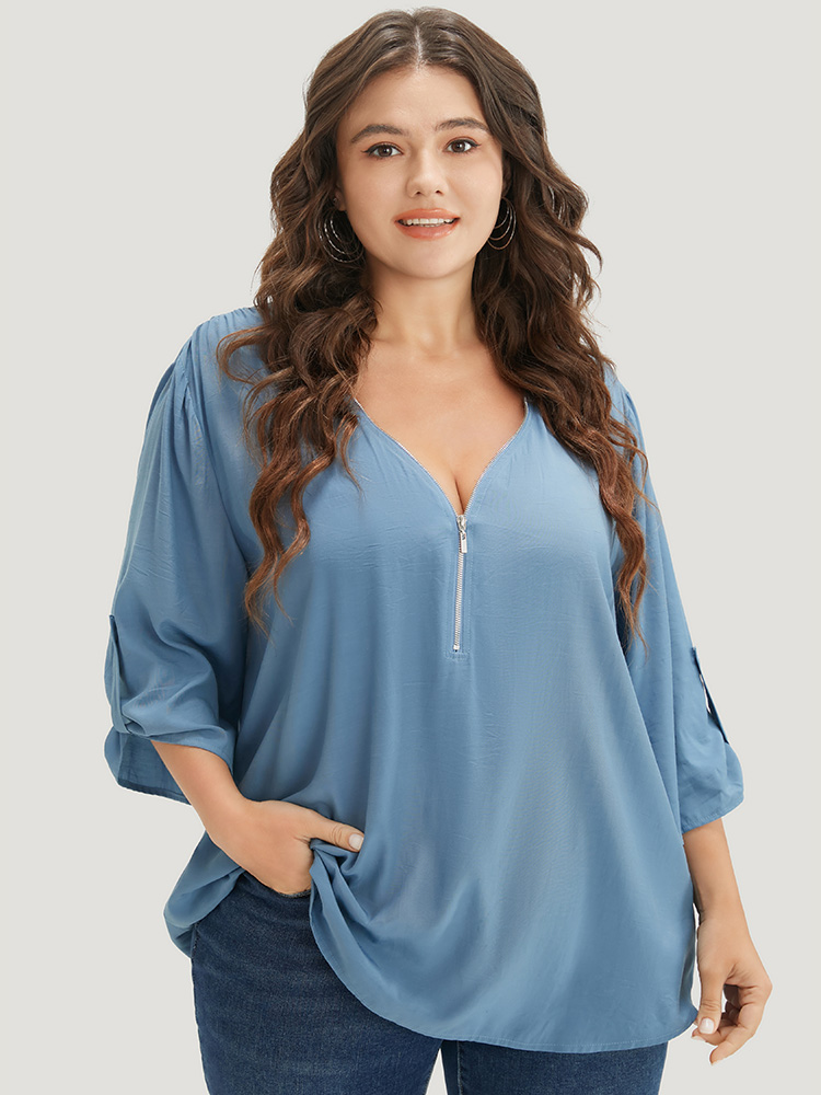 Plus Size Women Work Plain Regular Sleeve Elbow-length sleeve V-neck Office Blouses BloomChic 