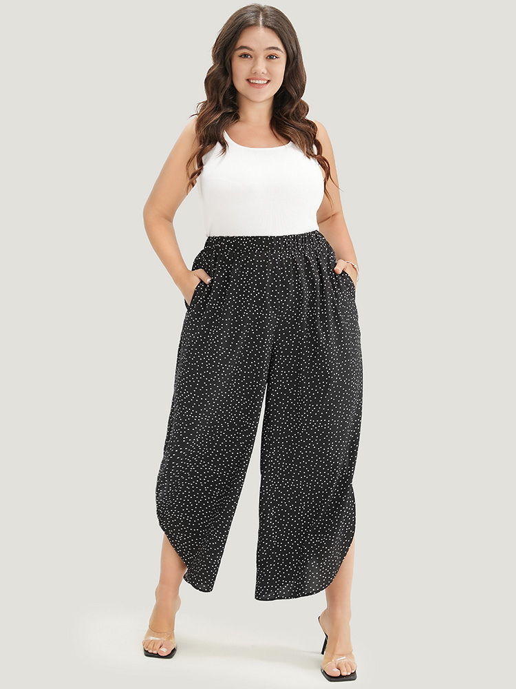 

Plus Size Polka Dot Elastic Waist Split Hem Pants Women Black Elegant Mid Rise Dailywear Pants BloomChic