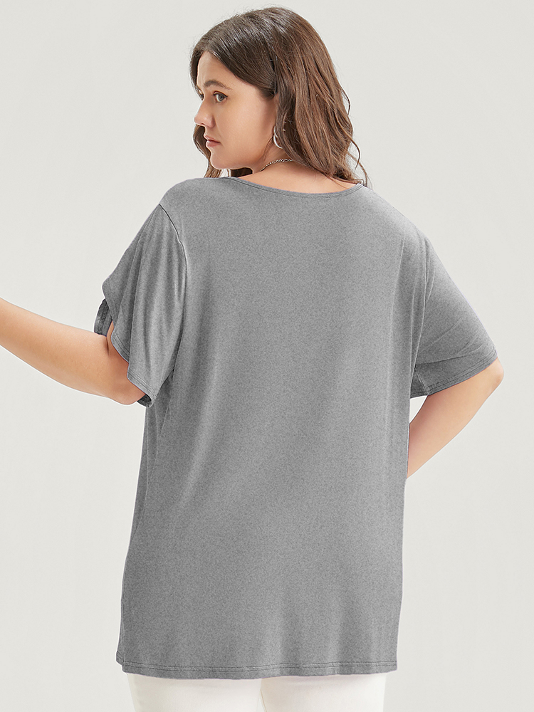 

Plus Size Plain V Neck Split Petal Sleeve T-shirt DarkGray Women Casual Plain V-neck Dailywear T-shirts BloomChic