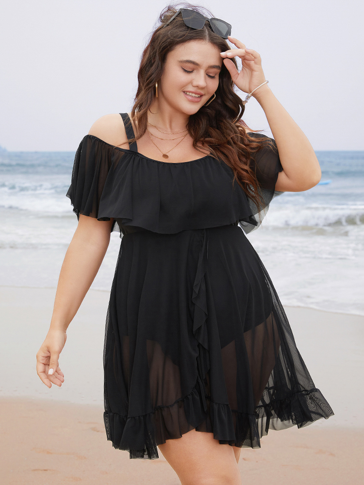 

Plus Size Plain Mesh Ruffle Trim Cold Shoulder Swim Dress Women's Swimwear Black Vacation Bodycon High stretch Curve Swim Dresses BloomChic