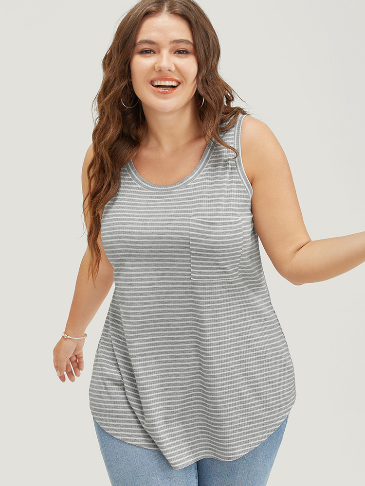 

Plus Size Striped Pocket Arc Hem Tank Top Women Silver Casual Everyday Tank Tops Camis BloomChic