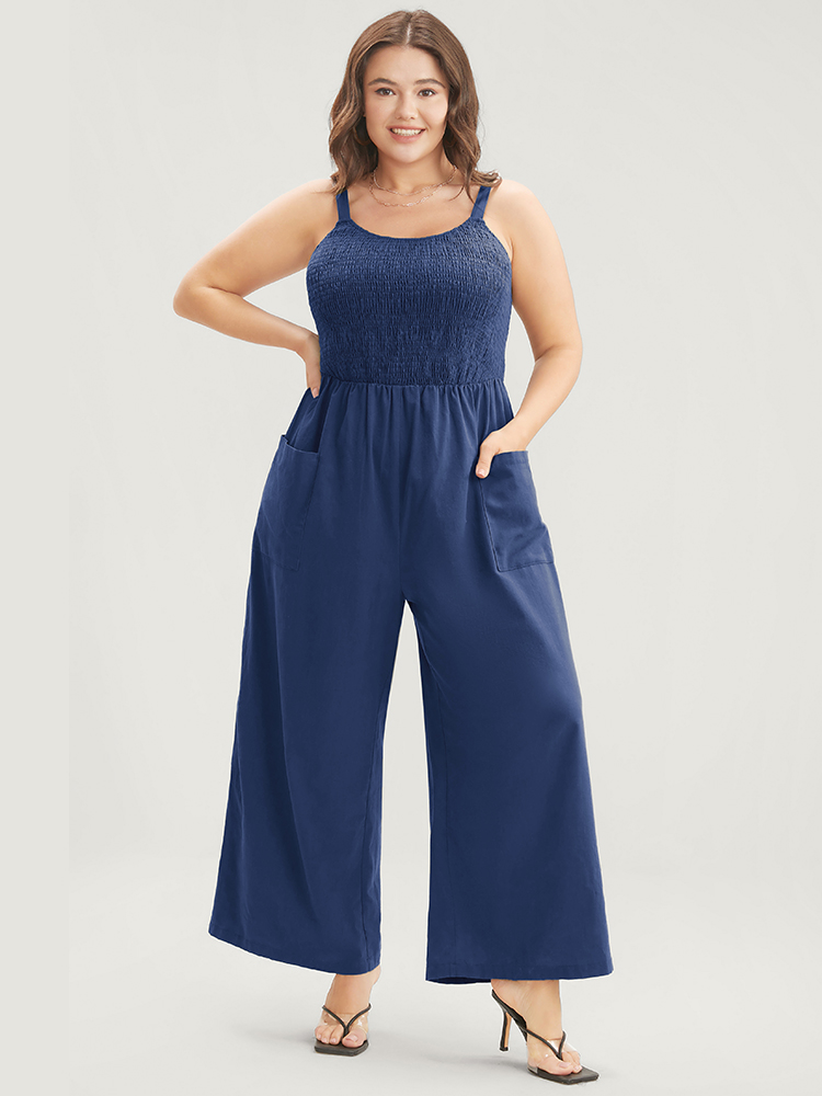 

Plus Size Indigo Solid Pocket Shirred Spaghetti Strap Jumpsuit Women Casual Sleeveless Spaghetti Strap Dailywear Loose Jumpsuits BloomChic