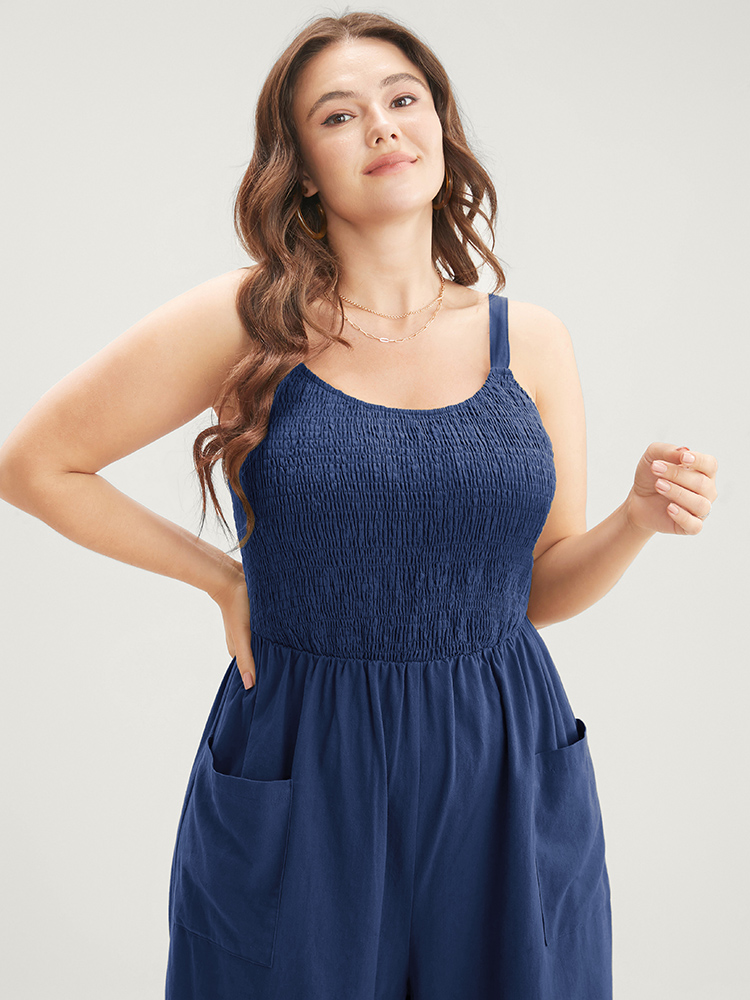 

Plus Size Indigo Solid Pocket Shirred Spaghetti Strap Jumpsuit Women Casual Sleeveless Spaghetti Strap Dailywear Loose Jumpsuits BloomChic