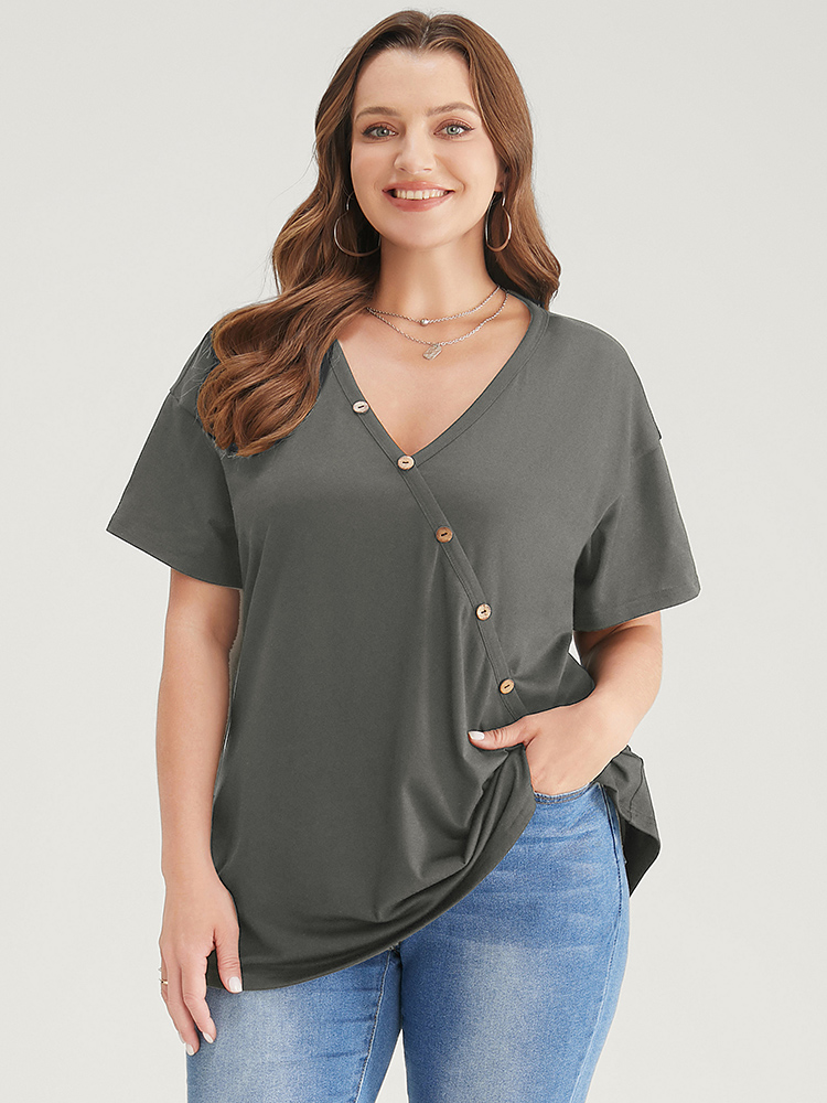 

Plus Size Plain Surplice Neck Button Detail T-shirt DimGray Women Elegant Plain V-neck Dailywear T-shirts BloomChic