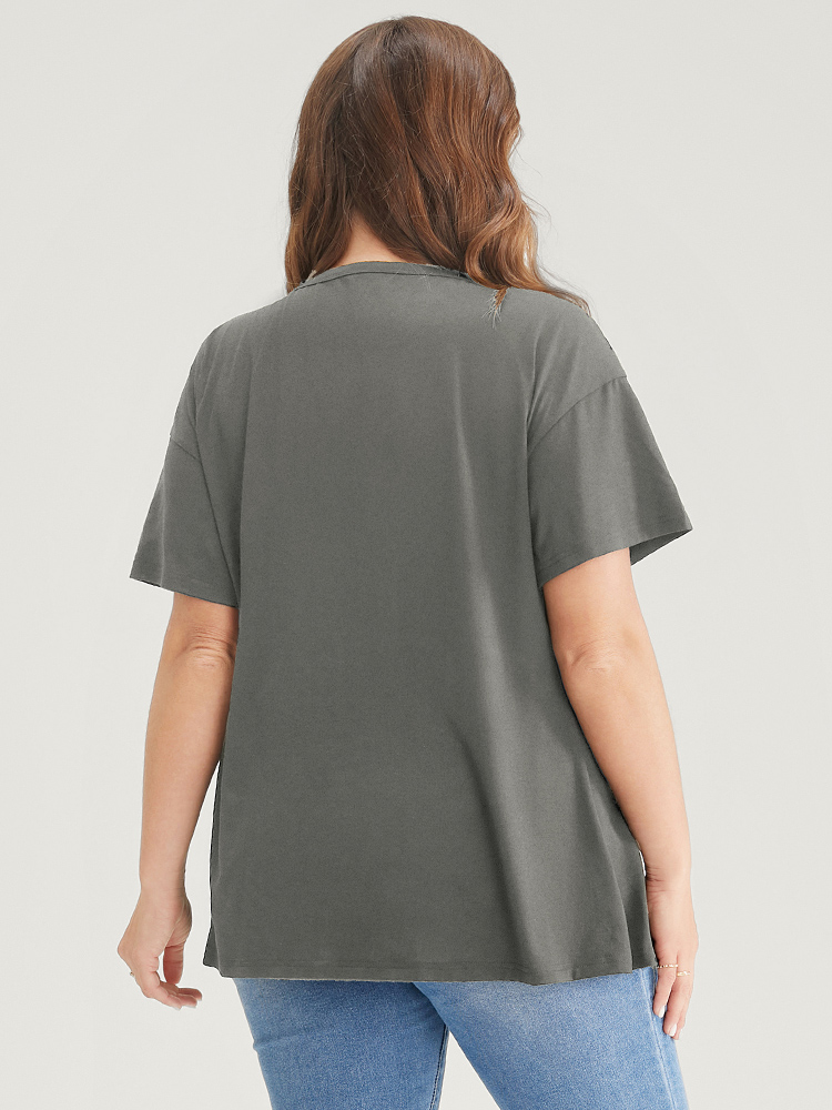 Plus Size Plain Surplice Neck Button Detail T-shirt DimGray Women Elegant Plain V-neck Dailywear T-shirts BloomChic 18-20/2X 