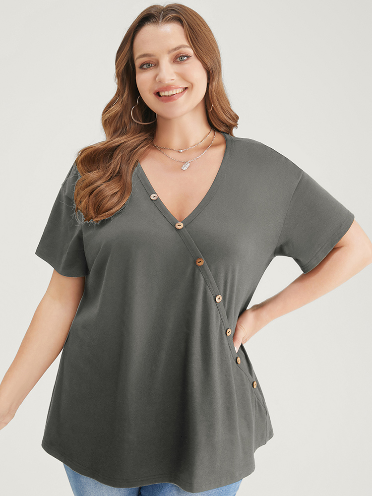 Plus Size Plain Surplice Neck Button Detail T-shirt DimGray Women Elegant Plain V-neck Dailywear T-shirts BloomChic 18-20/2X 