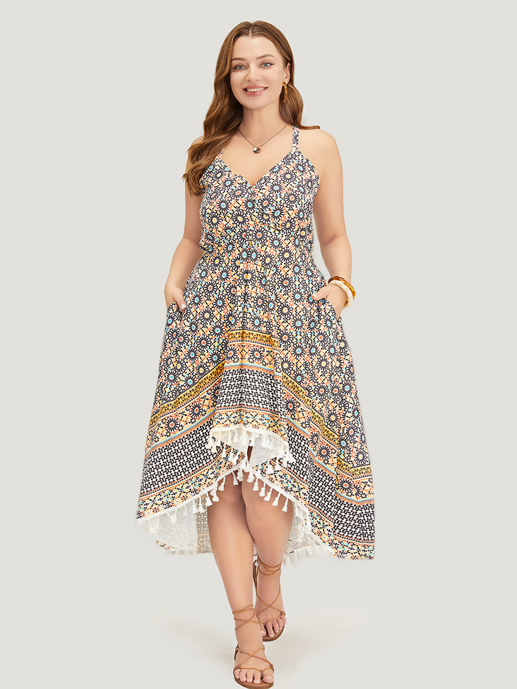 Plus Size Bandana Pocket High Low Hem Wrap Tassels Trim Cami Dress Multicolor Women Vacation Adjustable Straps Overlap Collar Sleeveless Curvy Midi Dress BloomChic 26/4X 