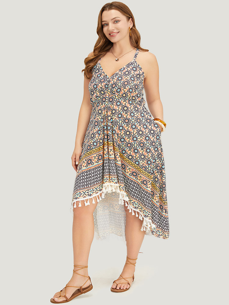 Plus Size Bandana Pocket High Low Hem Wrap Tassels Trim Cami Dress Multicolor Women Vacation Adjustable Straps Overlap Collar Sleeveless Curvy Midi Dress BloomChic 26/4X 