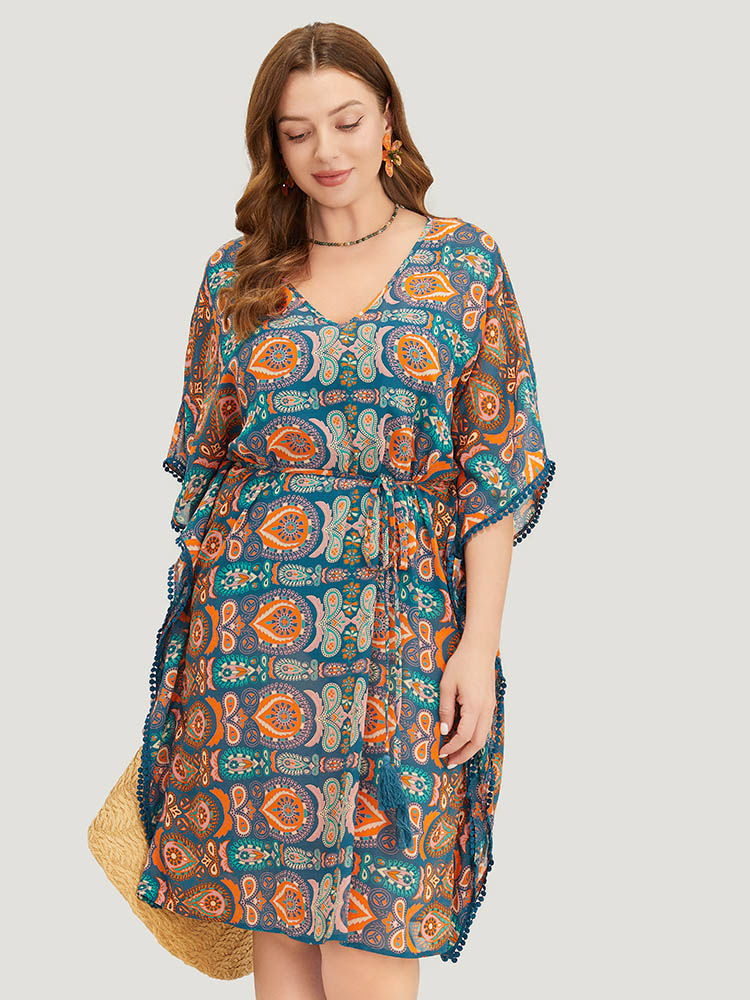 

Plus Size Paisley Print Dolman Sleeve Tassels Pompom Trim Cover Up Women Multicolor Vacation See through Loose Belt Dailywear Kimonos BloomChic