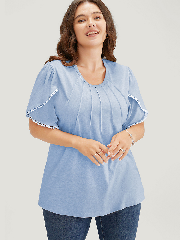 

Plus Size Solid Pleated Wrap Sleeve Pompom Trim T-shirt LightBlue Round Neck Short sleeve Elegant Jersey Tops