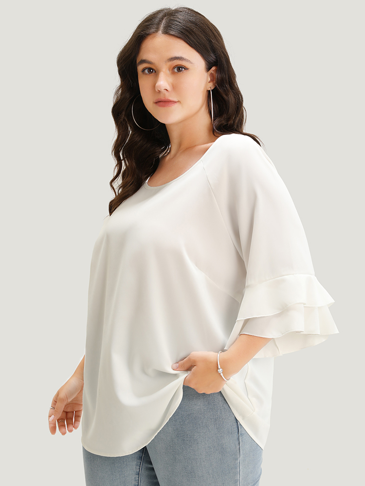 

Plus Size White Plain Ruffle Tiered Round Neck Blouse Women Work From Home Elbow-length sleeve Round Neck Work Blouses BloomChic