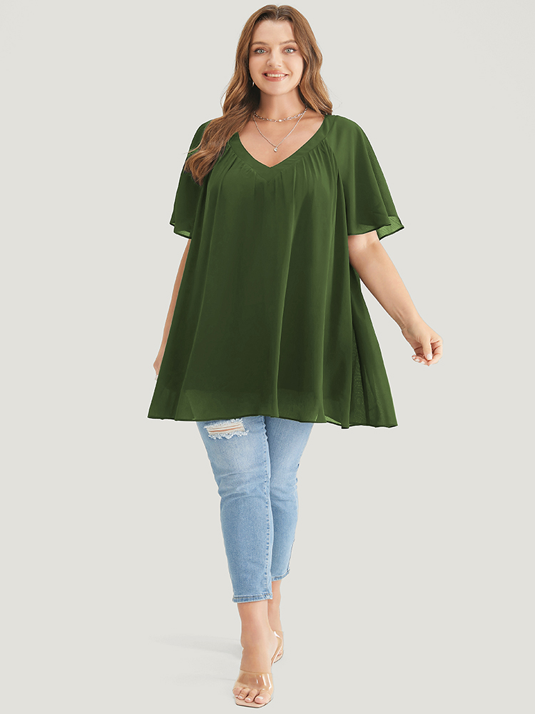 

Plus Size Moss Solid Ruffles Gathered Mesh Raglan Sleeve Blouse Women Elegant Short sleeve V-neck Dailywear Blouses BloomChic