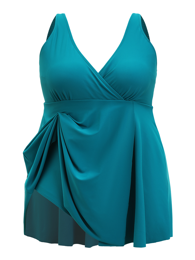 

Plus Size Adjustable Straps Ruffles Wrap Split Swim Dress Women's Swimwear Teal Vacation Bodycon V-neck High stretch Curve Swim Dresses BloomChic