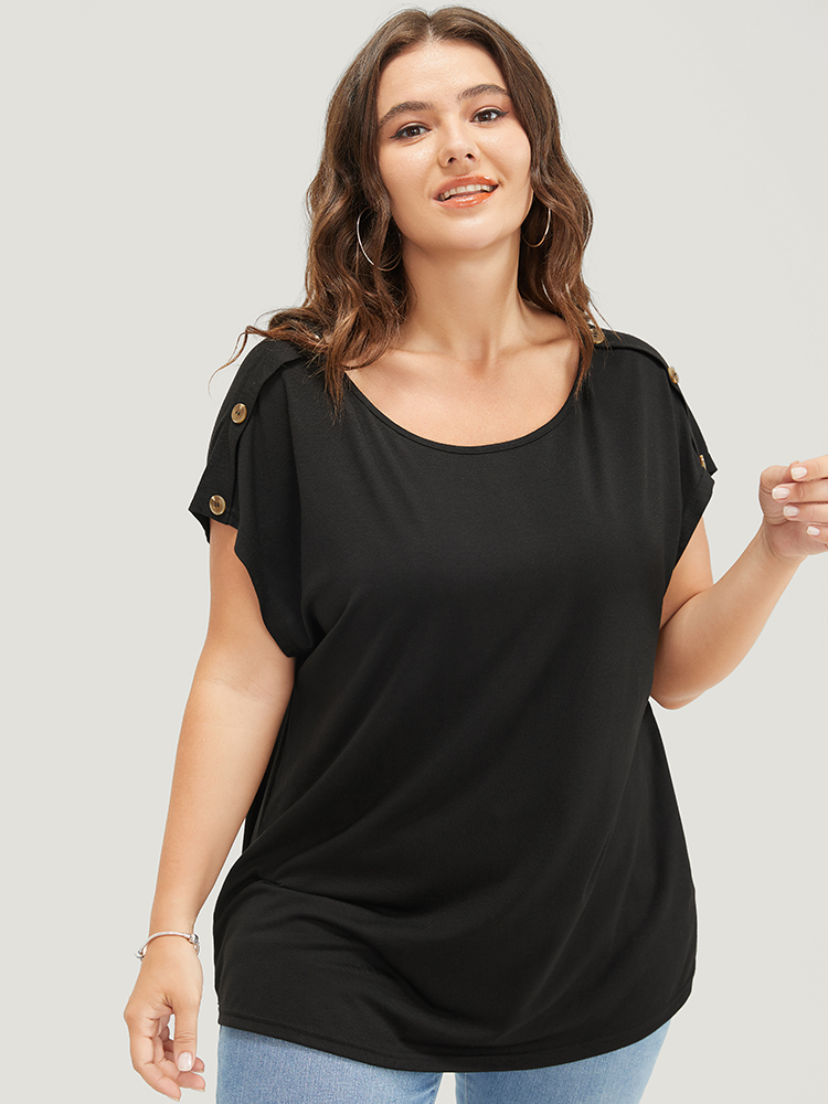 

Plus Size Solid Button Detail Round Neck Batwing Sleeve T-shirt Black Women Casual Plain Round Neck Dailywear T-shirts BloomChic