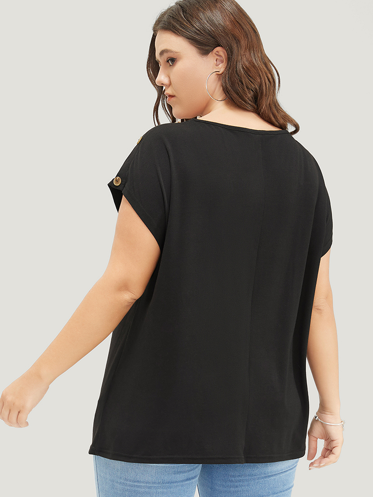 Plus Size Solid Button Detail Round Neck Batwing Sleeve T-shirt Black Women Casual Plain Round Neck Dailywear T-shirts BloomChic 22-24/3X 