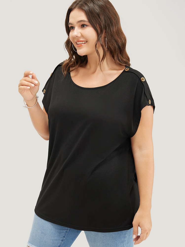 Plus Size Solid Button Detail Round Neck Batwing Sleeve T-shirt Black Women Casual Plain Round Neck Dailywear T-shirts BloomChic 22-24/3X 