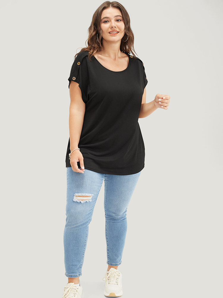 

Plus Size Solid Button Detail Round Neck Batwing Sleeve T-shirt Black Women Casual Plain Round Neck Dailywear T-shirts BloomChic