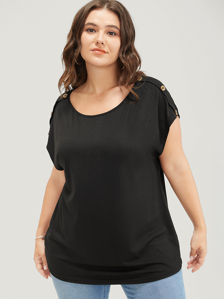 Plus Size Solid Button Detail Round Neck Batwing Sleeve T-shirt Black Women Casual Plain Round Neck Dailywear T-shirts BloomChic 22-24/3X 