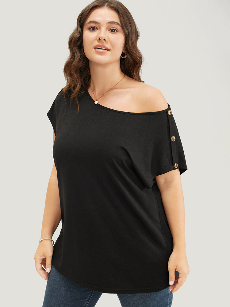 Plus Size Solid Button Detail Round Neck Batwing Sleeve T-shirt Black Women Casual Plain Round Neck Dailywear T-shirts BloomChic 22-24/3X 
