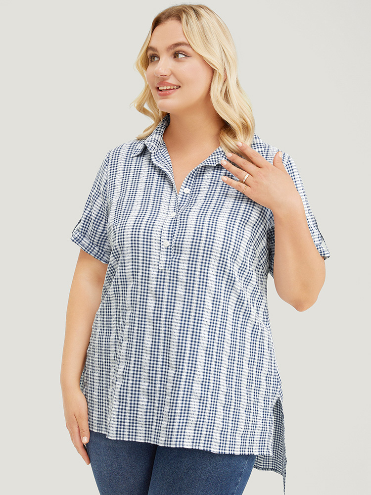 Plus Size Women Work Gingham Button Regular Sleeve Short sleeve Shirt collar Office Blouses BloomChic 