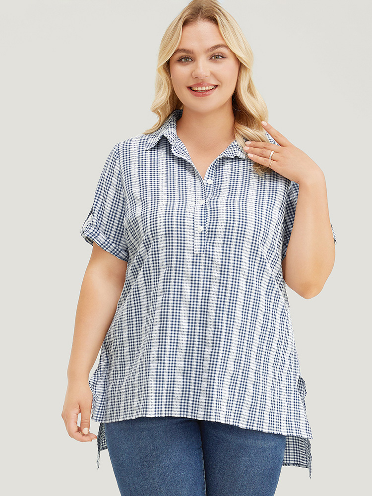 Plus Size Women Work Gingham Button Regular Sleeve Short sleeve Shirt collar Office Blouses BloomChic 