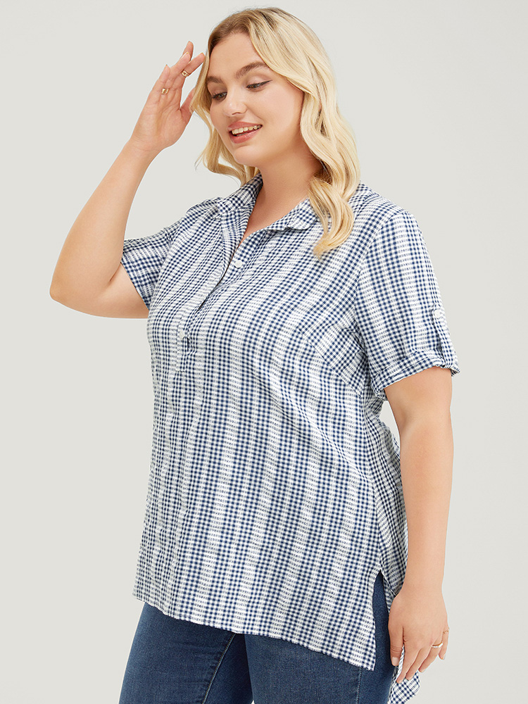 Plus Size Women Work Gingham Button Regular Sleeve Short sleeve Shirt collar Office Blouses BloomChic 
