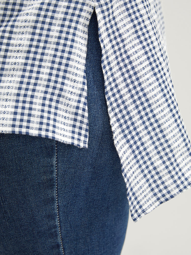 Plus Size Women Work Gingham Button Regular Sleeve Short sleeve Shirt collar Office Blouses BloomChic 