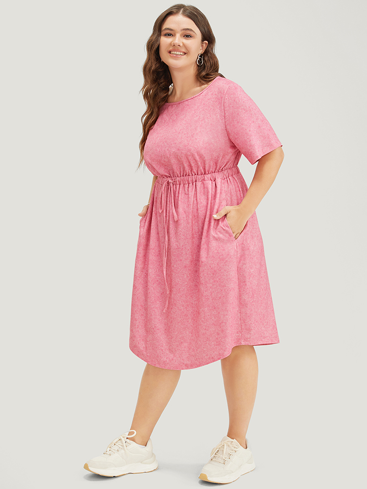 Plus Size Plain Round Neck Pocket Heather Drawstring Dress Watermelon Women Casual Heather Round Neck Short sleeve Curvy Midi Dress BloomChic 30/6X 