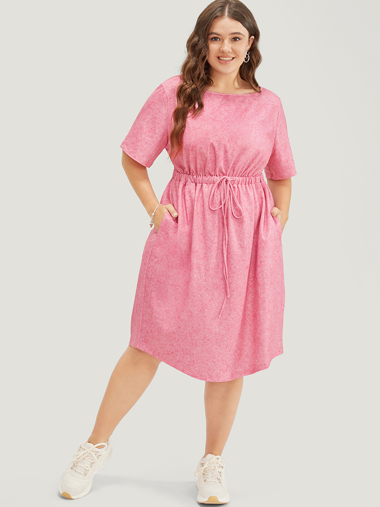 Plus Size Plain Round Neck Pocket Heather Drawstring Dress Watermelon Women Casual Heather Round Neck Short sleeve Curvy Midi Dress BloomChic 30/6X 