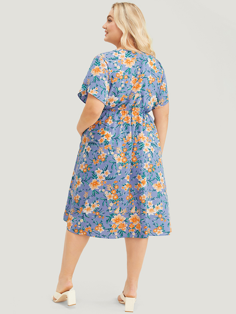 

Plus Size Floral Print Petal Sleeve Pocket Flutter Hem Wrap Dress Stone Women Elegant Elastic Waist V-neck Short sleeve Curvy Midi Dress BloomChic