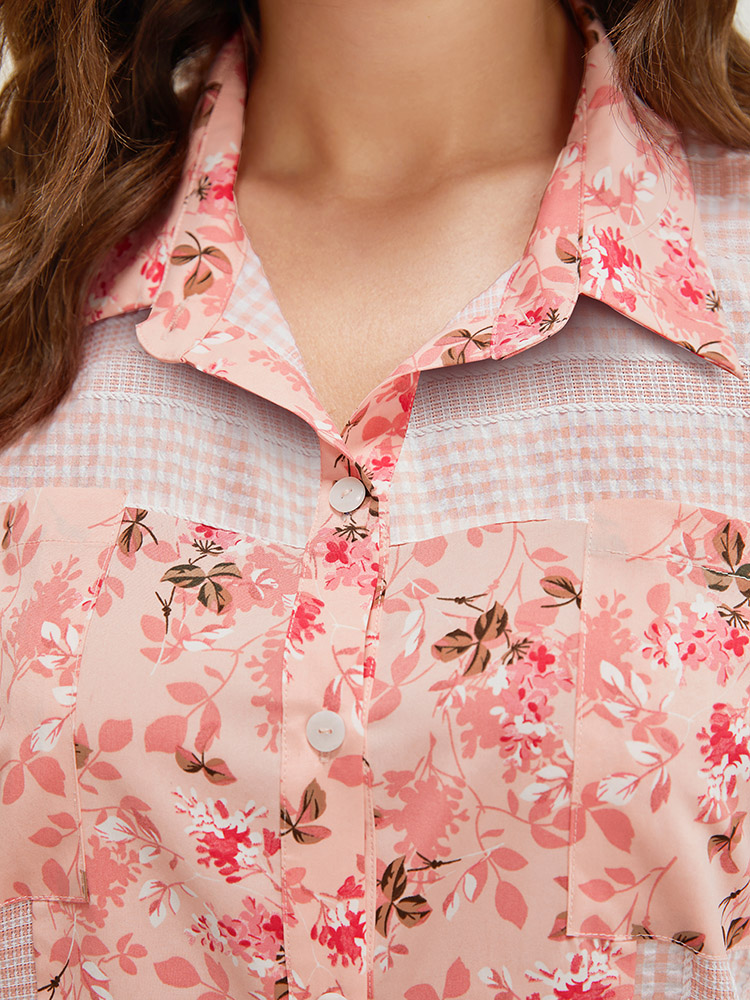 Plus Size Women Dailywear Floral Patchwork Dolman Sleeve Short sleeve Shirt collar Elegant Blouses BloomChic 