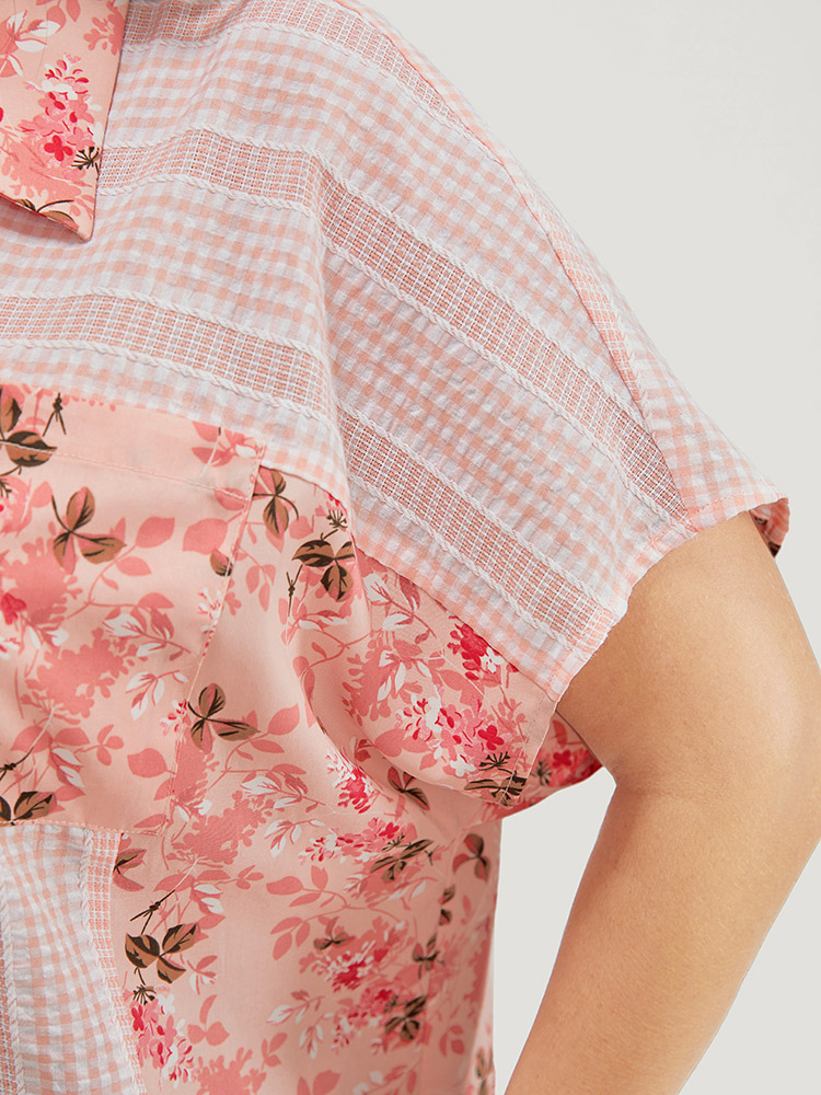 Plus Size Women Dailywear Floral Patchwork Dolman Sleeve Short sleeve Shirt collar Elegant Blouses BloomChic 