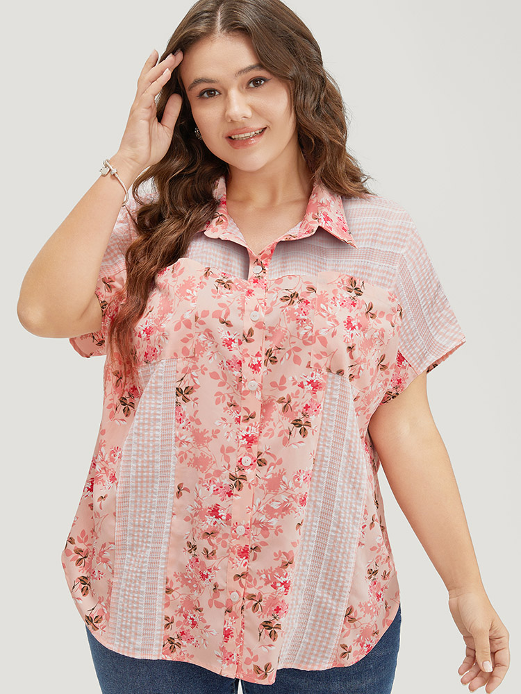 Plus Size Women Dailywear Floral Patchwork Dolman Sleeve Short sleeve Shirt collar Elegant Blouses BloomChic 