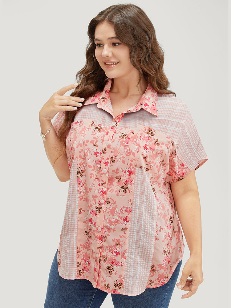 

Plus Size MistyRose Floral Patchwork Pocket Button Up Arc Hem Blouse Women Elegant Short sleeve Shirt collar Dailywear Blouses BloomChic