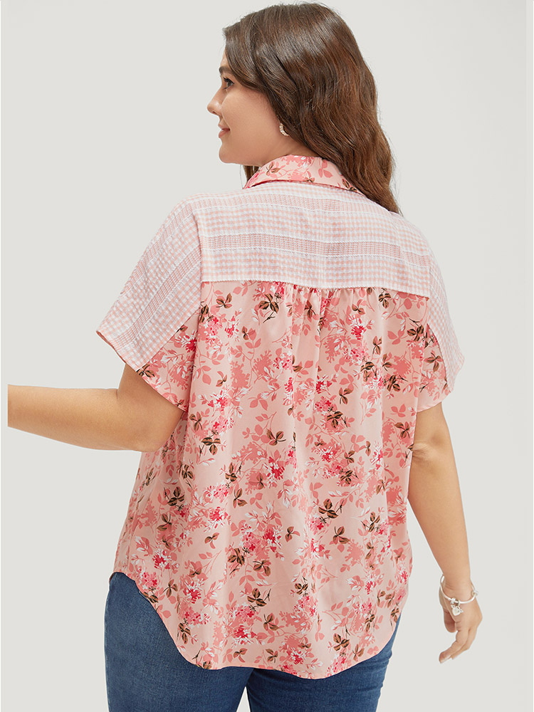 Plus Size Women Dailywear Floral Patchwork Dolman Sleeve Short sleeve Shirt collar Elegant Blouses BloomChic 