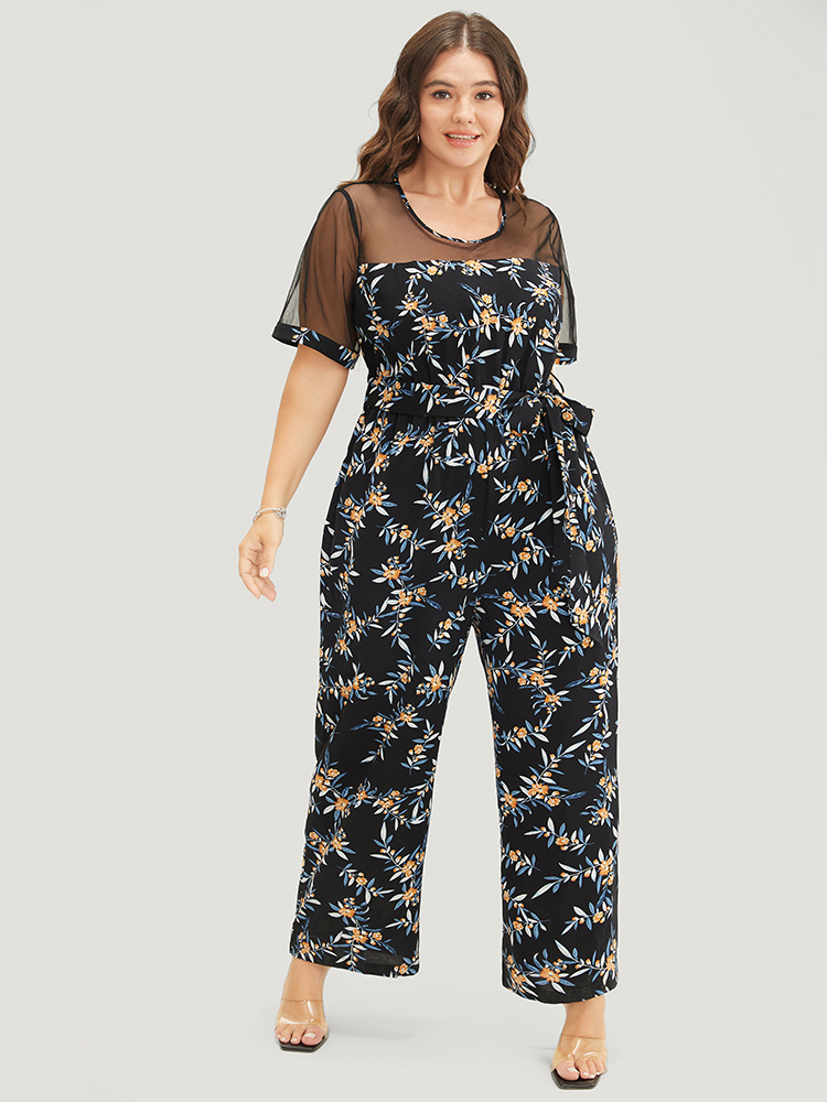 

Plus Size Black Floral Mesh Patchwork Crew Neck Pocket Belted Jumpsuit Women Elegant Short sleeve Round Neck Dailywear Loose Jumpsuits BloomChic