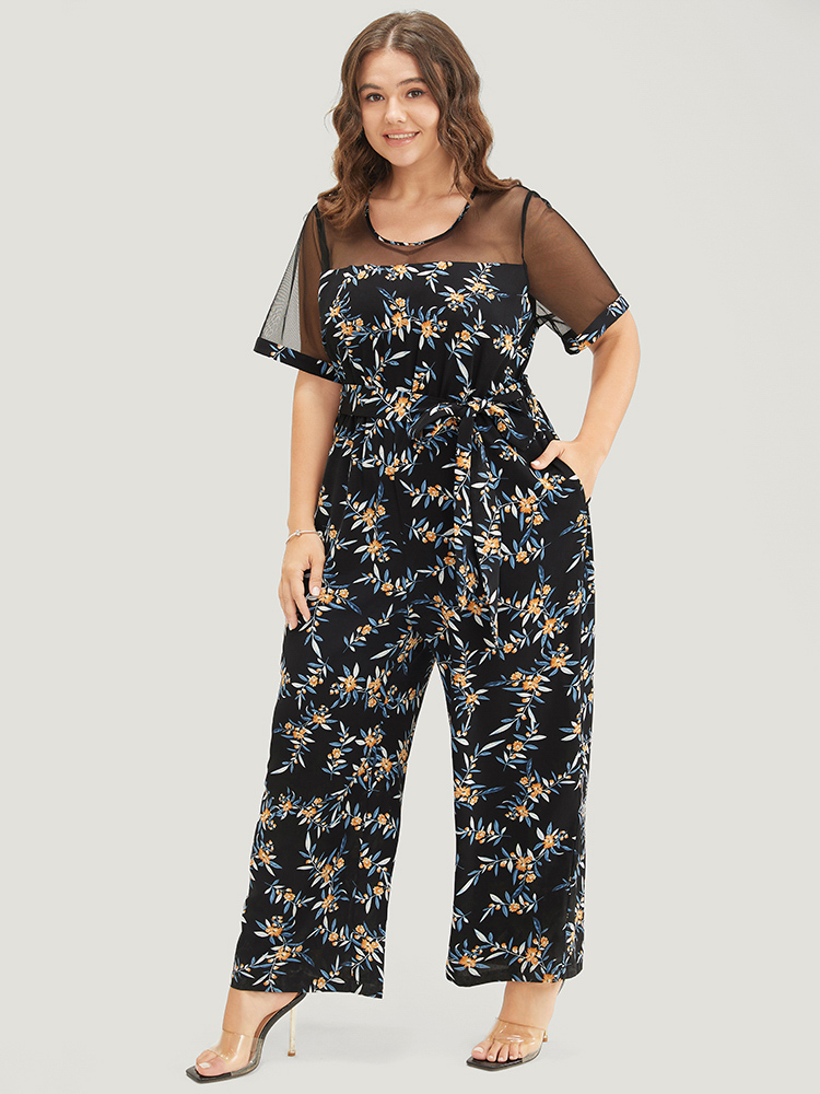 Plus Size Women Dailywear Floral Patchwork Regular Pocket Belt Elegant Jumpsuits BloomChic 